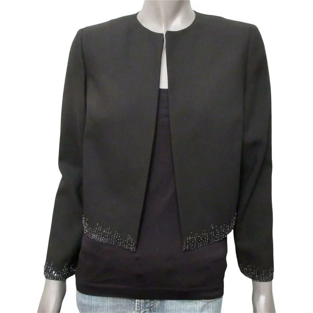 Ann Taylor Womens Blazer Black Wool Beaded Collarless Evening Jacket 8P